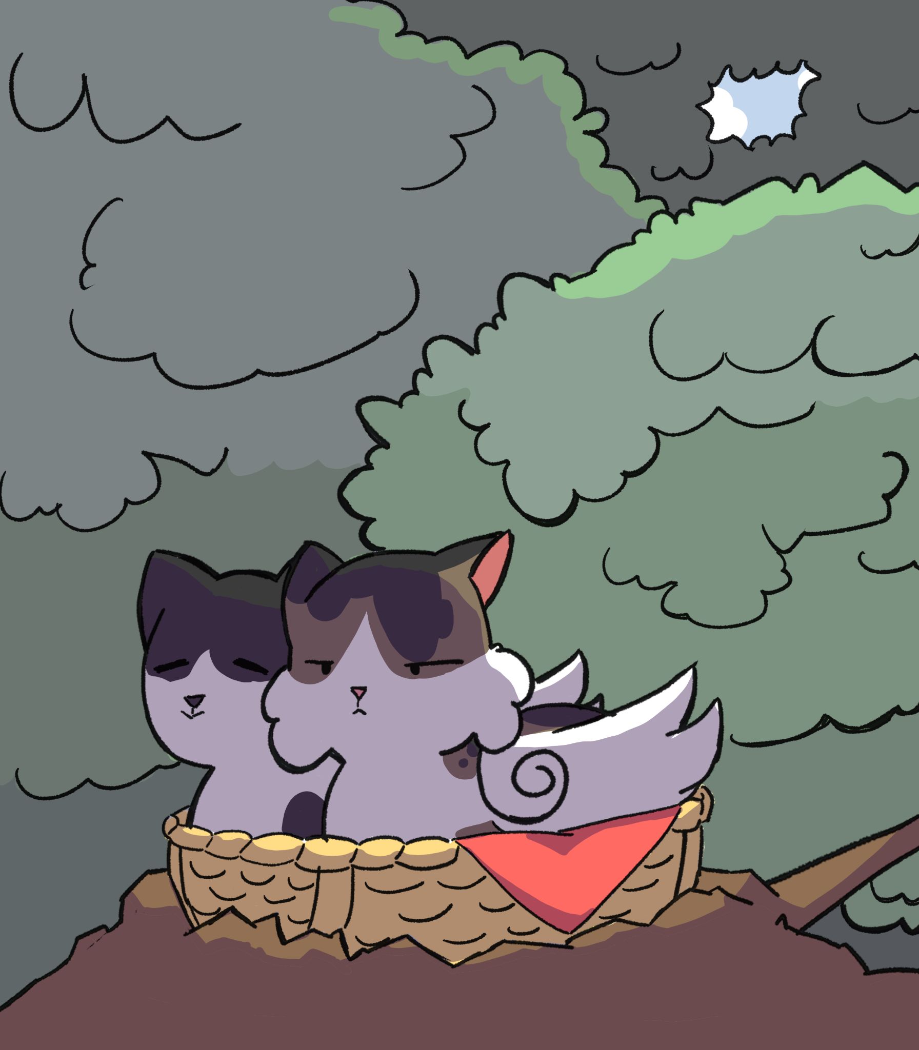 Two birds with cat shaped heads in a nest-like basket in a tree